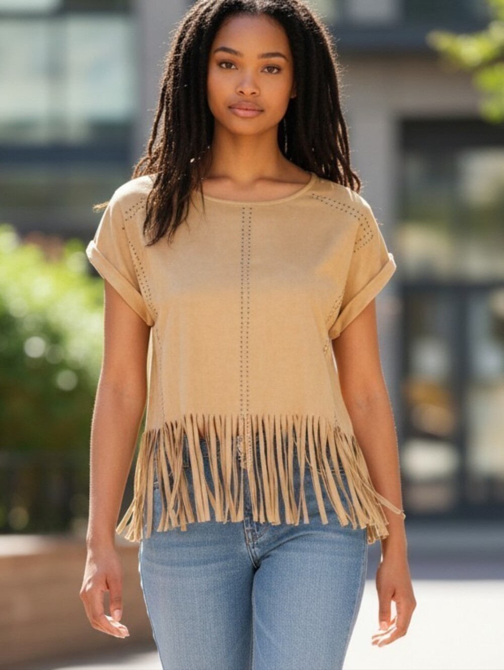 Romeo & Juliet Couture Fringe Crop Top Bohemian Native American Suede Blouse